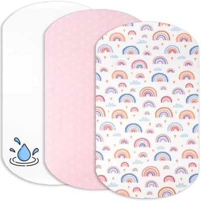 Imagen de Lovely Hippo 2 Sabanas minicuna Colecho 100% Algodon + 1 Protector de colchón Impermeable para Bebe 50x83cm Compatible con cunas, colchon (Arco Iris, 60 x 80 cm)