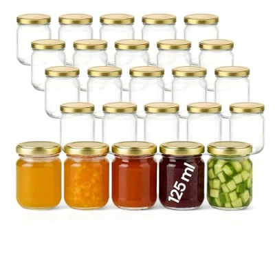 Imagen de gouveo Juego de 25 Tarros conserva Helix 125 ml con tapa rosca dorada Pequeños tapón TO53 para mermelada, miel, especias, casero (HEG125G)