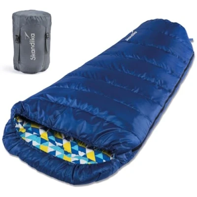 Imagen de Skandika Vegas Flanela Saco de Dormir Tipo Momia XXL con Forro Interior algodón para Adultos, acoplable, hasta 15C, 220 x 110 cm Invierno Camping Senderismo (Azul/Cremallera Derecha)