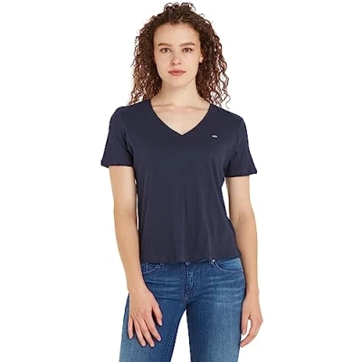 Imagen de Tommy Jeans Mujer Camiseta Manga Corta TJW Slim Soft Cuello de Pico, Azul (Twilight Navy), S