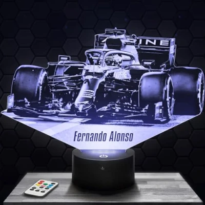 Imagen de lámpara de mesilla noche, luz nocturna táctil fórmula 1 F.Alonso F1 LED ilusión 3D, idea regalo para niños y niñas, Navidad, noche o adultos.
