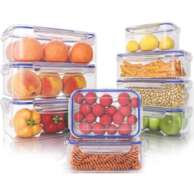 Imagen de KICHLY 18 piezas envases herméticos de plástico para almacenamiento alimentos (9 envases, 9 tapas) Contenedores cocina, despensa, alacena microondas y congelador Sin BPA
