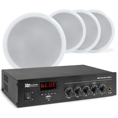 Imagen de Power Dynamics Pack de Sonido 100V con 4 Altavoces Techo 5&quot; Blancos, Amplificador Bluetooth PDM25, Radio FM, MP3 USB y 50m Cable. Ideal para oficinas, Tiendas, restaurantes, etc.