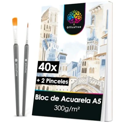 Imagen de OfficeTree 40x Papel Acuarela A5 300g con 2x Pinceles de una Cara Lisa y Áspera 300gr Bloc Watercolor Paper Sketchbook Dibujo
