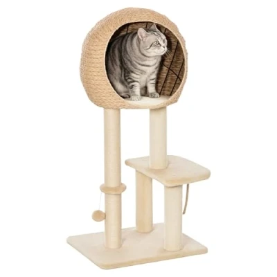Imagen de PawHut Árbol Rascador para Gatos 48x40x100 cm Torre de Escalada con Plataformas Caseta Totora Bola y Cuerda Juego Poste Sisal Beige