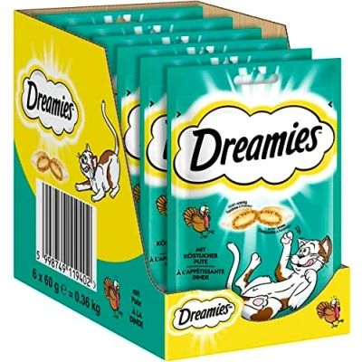 Imagen de Dreamies Clásicos Aperitivos para Gatos con Pavo Bolsas crujientes de ensueño Relleno Delicado 6 x 60 g
