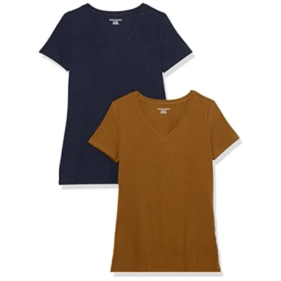 Imagen de Amazon Essentials Camiseta de Cuello en v Manga Corta y Ajuste Clásico Mujer, Pack 2, Castaño Oscuro/Azul Marino, L