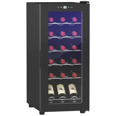 Imagen de HOMCOM Nevera Vinos 18 Botellas 50L Vinoteca con Luz LED Interior Pantalla Táctil Digital Control de Temperatura Puerta Vidrio y 5 Estantes Metal Negro