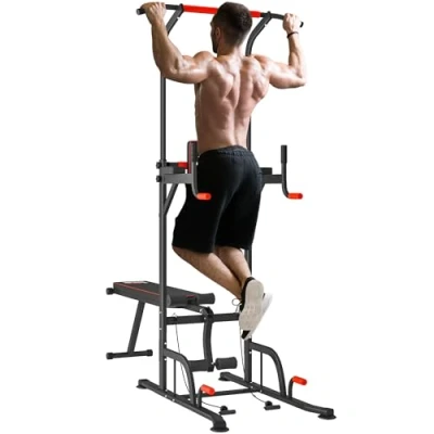 Imagen de HOMCOM Estación de Musculación Multifuncional Torre Entrenamiento Ajustable en Altura con Banco Plegable Barra Dominadas para Fitness 220x98x181 229 cm Negro