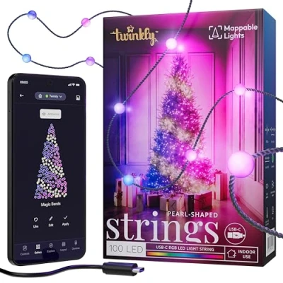 Imagen de Twinkly Strings Pearls 100 luces LED en forma de perla, RGB multicolor, compatible con Alexa, Google Home, juegos, alimentación USB C, cable verde, 6 m