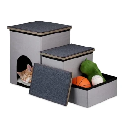 Imagen de Relaxdays Escalera para Perros 3 Peldaños, Escalón Mascota con Escondite y Almacenaje, 41, Plegable, Gris, Gomaespuma, 1,5 x 72 33 cm