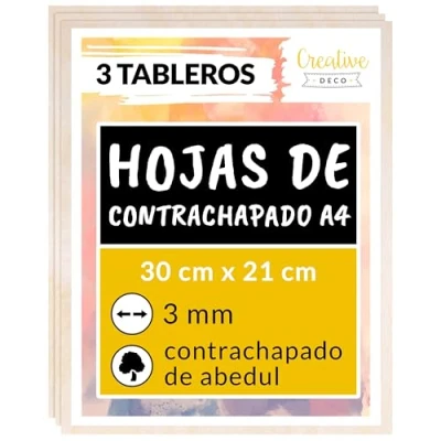 Imagen de Creative Deco 3 x A4 Tablero Madera Manualidades Contrachapado 300 210 mm (+/ 0.5mm) Chapa Maciza Abedul Maderas para Bricolaje Pirograbado, Corte por Laser, CNC Router, Modelado