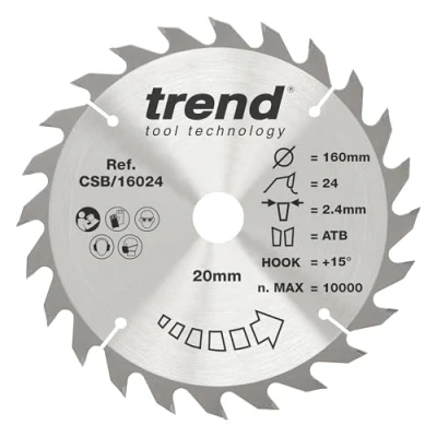 Imagen de Trend CraftPro Hojas de sierra TCT combinada, 160 mm diámetro x 20 interior 24 dientes, hoja corte combinado para sierras circulares mano, con punta carburo tungsteno, CSB/16024