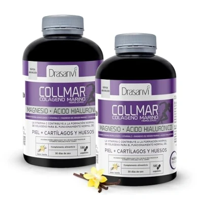Imagen de DRASANVI COLLMAR COLAGENO HIDROLIZADO con Ácido Hialurónico, Magnesio y Vitamina C Natural Huesos Articulaciones Colágeno Marino 3.900 mg/día 2 X 180 comp = 30 días Sabor Vainilla
