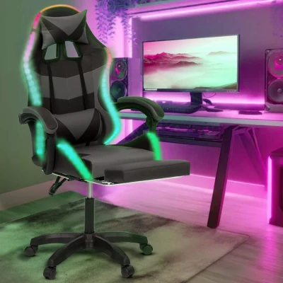 Imagen de Silla gaming LED negra y gris con reposapiés, reposacabezas cojines lumbares IDMarket