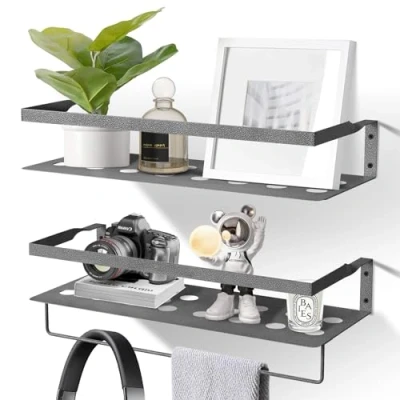 Imagen de Uten Juego de 2 Baldas Pared, 40 cm Largo Estantes Pared Clásicos Modernos con Toallero, Ahorre Espacio, Apto para Salón, Dormitorio, Cocina, Baño, Hierro, Gris
