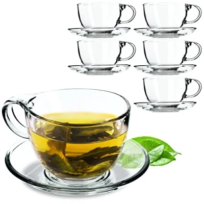 Imagen de KADAX juego de tazas cristal con base, 200 ml/250 ml, transparente, taza té, café, plato, posavasos (Lea/6 unidades)