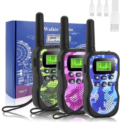 Imagen de Walkie Talkie Recargables para Niños, 8 Canales, Radio de 2 vías, 3 12 Años Juguetes y Regalos, Linterna LCD retroiluminada, Rango KM Actividades Infantiles al Aire Libre 3pcs Camuflaje