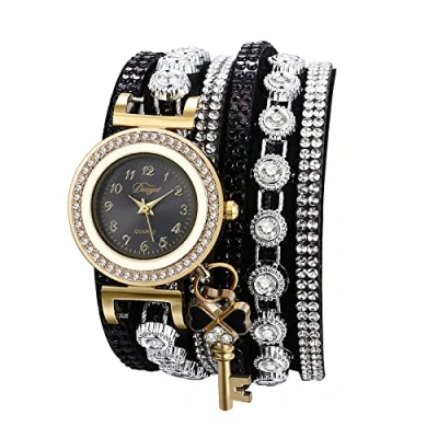 Imagen de JewelryWe Reloj de Cuero Bohemia Completo, Cuarzo Analógico Rhinestone Envolvente Señoras Negro