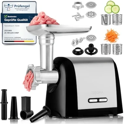 Imagen de ZEEGMA Molen Chef Picadora eléctrica de carne 1900 W con 3 placas molienda acero inoxidable, kg/min, máquina embutidos, kubbe, triturado, función REV, estuche accesorios