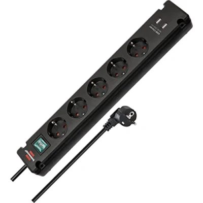 Imagen de Brennenstuhl Bremounta regleta de enchufes con 5 tomas corriente y carga USB para instalación fijación (regleta eléctrica interruptor, posibilidad montaje cable 3m) negro