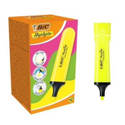 Imagen de BIC Marking Flat Highlighter Subrayadores con Punta Biselada Modular (1,2 mm 4,6 mm) Amarillo Neón, Pack de 12