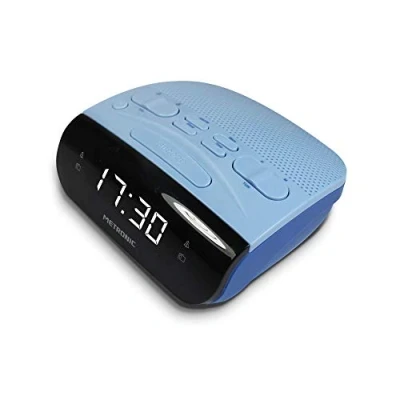 Imagen de Metronic 477033 radio despertador digital con reloj LED blanco para sobremesa función doble alarma, Sleep/Snooze y sintonizador AM/FM memoria 20 emisoras, Color Gris / Azul