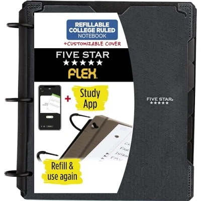 Imagen de Five Star Flex Cuaderno recargable + aplicación de estudio, papel rayado universitario, anillos TechLock 1 pulgada, bolsillos, pestañas y divisores, capacidad para 200 hojas, cubierta