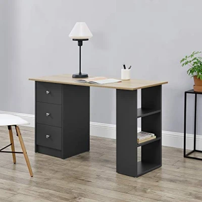 Imagen de [en.casa] Mesa Escritorio de Ordenador 120 x 49 72 cm 3 Compartimientos y Cajones Oficina Tablero Aglomerado Gris Oscuro/Efecto Madera