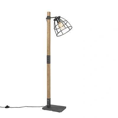 Imagen de Qazqa Lámpara de pie industrial gris oscuro con madera Arthur/Acero Alargada Adecuado para LED Max. 1 x 60 Watt