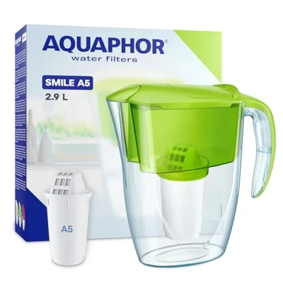 Imagen de AQUAPHOR Jarra Filtrante de Agua Smile 2.9L, Compatible con Puertas Nevera, Ligera, Ahorra Espacio, Incluye 1 x Filtro A5 350L, Reduce la Cal, el Cloro y los Microplásticos Verde