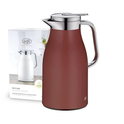 Imagen de alfi SKYLINE 1,0 l, jarra isotérmica de acero inoxidable con inserción higiénica vidrio duro, tapón rosca cómodo pulsador, mango ergonómico a una mano, ideal como café o té, sin BPA