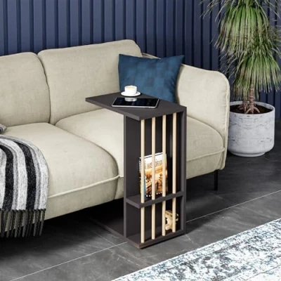 Imagen de [en.casa] Mesa Auxiliar en Forma de C con Ruedas 2 Compartimentos Abiertos Mesitas Noche Versátil para Portátil Deslizar Debajo Cama Sofá Aglomerado 65x44x29 cm Negro