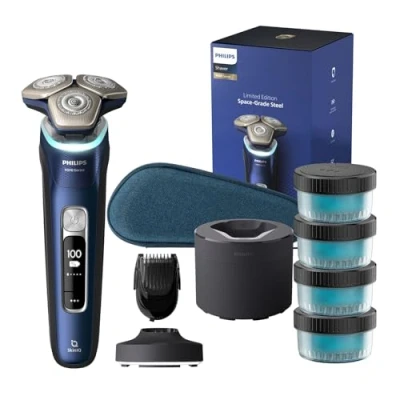 Imagen de Philips Serie 9000 Afeitadora Eléctrica Hombre, Máquina de Afeitar Barba con Barbero, 60min uso, En Seco y Húmedo, Recargable, Centro Limpieza, Base Carga Iluminada, 4 Cartuchos, S9980/74, Azul
