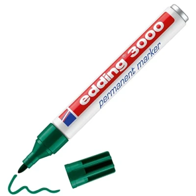 Imagen de edding 3000 marcador permanente verde 1 rotulador punta redonda 1,5 3 mm indeleble de secado rápido resistente al agua y a los borrones cartón, plástico, madera, metal, tela universal