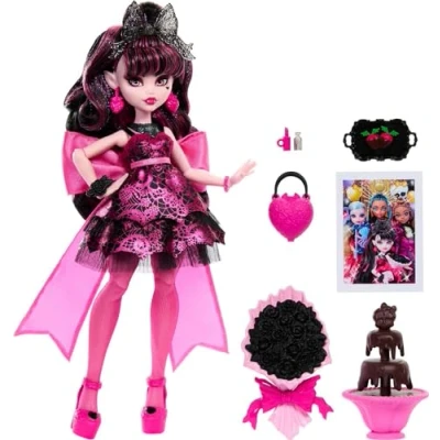 Imagen de Monster High Muñeca Ball, Draculaura en vestido de fiesta con accesorios temáticos incluyendo fuente chocolate