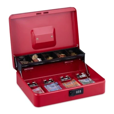 Imagen de Relaxdays Caja Dinero, Combinación 3 Números, Bandeja para Monedas y 4 Espacios Billetes, Cajita Efectivo, Rojo, Acero, 8,5 x 30,5 24,5 cm
