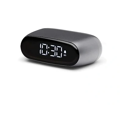 Imagen de Lexon MINUT Mini Despertador Compacto con Pantalla VA LCD Pure Black, Control táctil, función Snooze y retroiluminación, batería Recargable, Acabado de Aluminio Gris metálico
