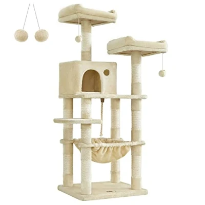 Imagen de Feandrea Árbol para Gatos de Altura 143 cm, Torre Gatos, con 11 Postes Rascadores, 2 Plataformas, 1 Cueva, Hamaca, Pompones, Tela Felpa, Multinivel, Beige PCT15BE