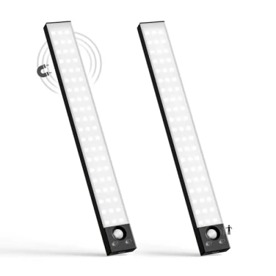 Imagen de LQWELL® Lámpara de Armario con 54 LEDs, Sensor Movimiento Inalámbrico, 32 cm, 1800 mAh, Recargable, Regulable, Para cocina, Armario, Estantería, Dormitorio (Negro, 2 piezas)