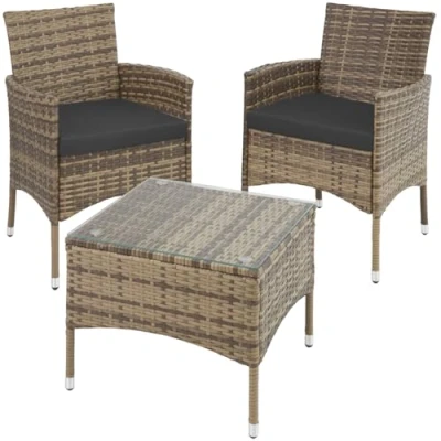Imagen de TecTake® Conjunto Jardín Exterior de Ratán y Acero para 2 Personas, Muebles Resistentes a Intemperie, Sillones 1 Mesa Cristal, Fácil Montaje Limpieza, Incl. 4 Fundas Natural