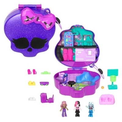 Imagen de Polly Pocket Estuche Monster High Set de Juego con 3 muñecas y Accesorios, se Convierte en Instituto, Juguete +4 años (Mattel HVV58)