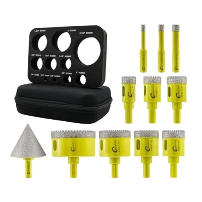 Imagen de SANLEETEK Juego Brocas Diamante 11piezas (6/8/10/20/25/28/32/35/45/65mm+50mmBroca Chaflán) Dentado Sierra Perforadora con Vástago Triangular Cerámica Porcelánico Mármol Granito