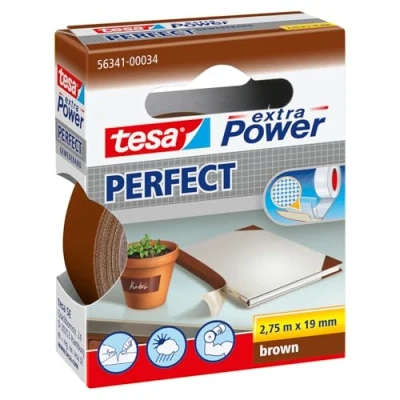 Imagen de tesa Extra Power Perfect Cinta de Reparación Reforzada en Tela para Confeccionar, Reparar, Fijar, Reforzar y Etiquetar Marrón 2.75 m x 19 mm
