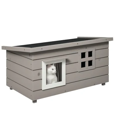 Imagen de PawHut caseta para gatos con techo de asfalto cueva casita animales ventana perros al aire libre resistente invierno madera abeto gris negro 87 x
