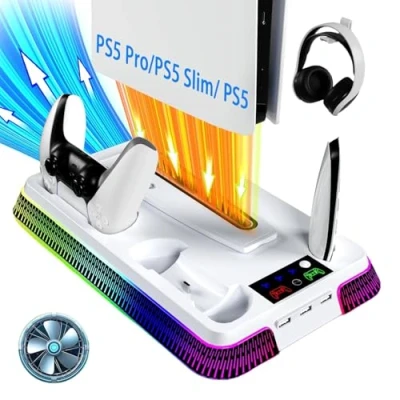 Imagen de Gerbala Soporte PS5 para Playstation 5 Pro, Slim &amp; Standard, Vertical con Cargador Mando y Ventilador de 3 Velocidades, Refrigerador PS Luz RGB, Portaauriculares Puertos USB