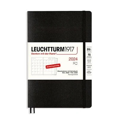 Imagen de LEUCHTTURM1917 367582 Paperback (B6+) 2024 Planificador mensual y cuaderno (16 meses, tapa blanda), color negro alemán