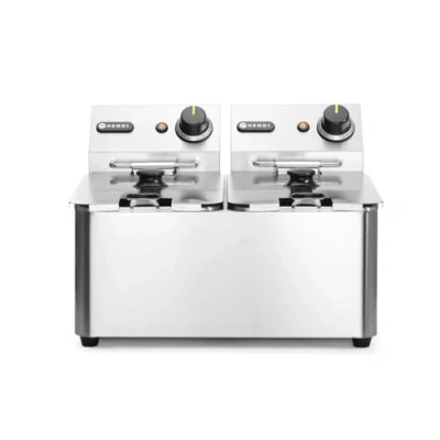 Imagen de HENDI Freidora eléctrica, T ajustable hasta 190C, termostato de seguridad, zona fría, con tapa y cesta freír, tanque aceite extraíble, 2x4L, 230V, 6000W, 470x420x(H)330mm, acero inoxidable