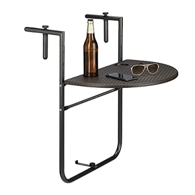 Imagen de Relaxdays Mesa Plegable Balcón Colgante Bastian, 3 Alturas, Mesilla Efecto Ratán, Tablero de 60x40cm, Barandilla, Marrón, Acero, 1 Ud