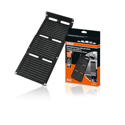 Imagen de OSRAM BATTERYcharge solar 20W con USB, mantenedor de batería solar, panel plegable para carga remota dispositivos, soporte integrado.